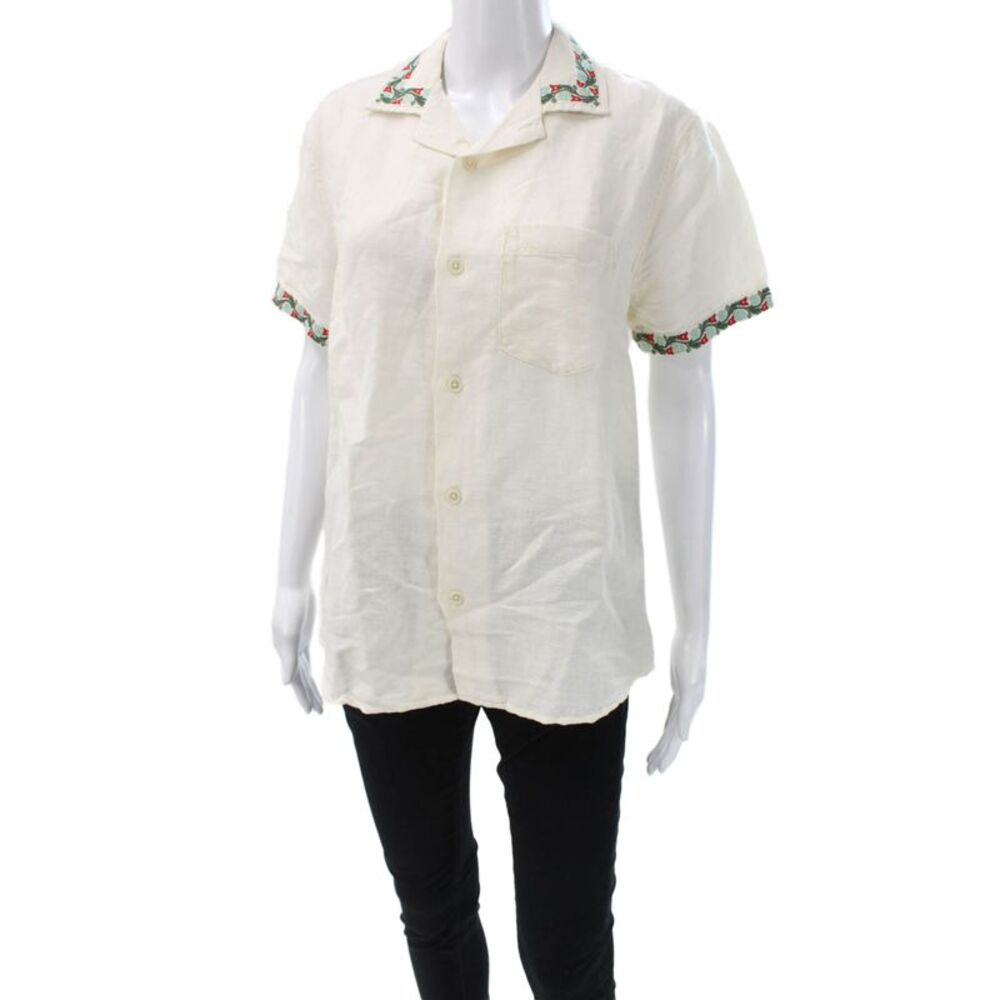 Corridor Mens Buttoned Down Linen Collared Short Sleeve Shirt Ivory Size XS